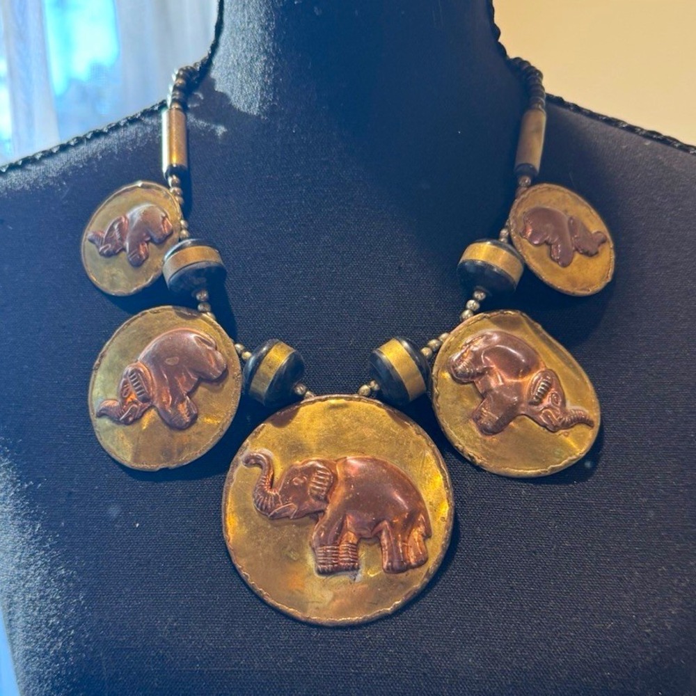 Vintage Beaded Statement Bib Necklace Elephant Round Medallion, Handcrafted